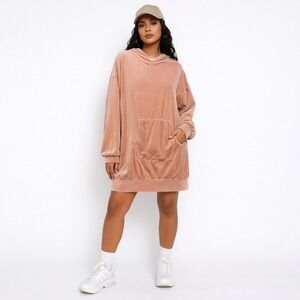 Misguided Rose Pink Velour Hooded Sweater Dress Size 12 Kangaroo Streetwear